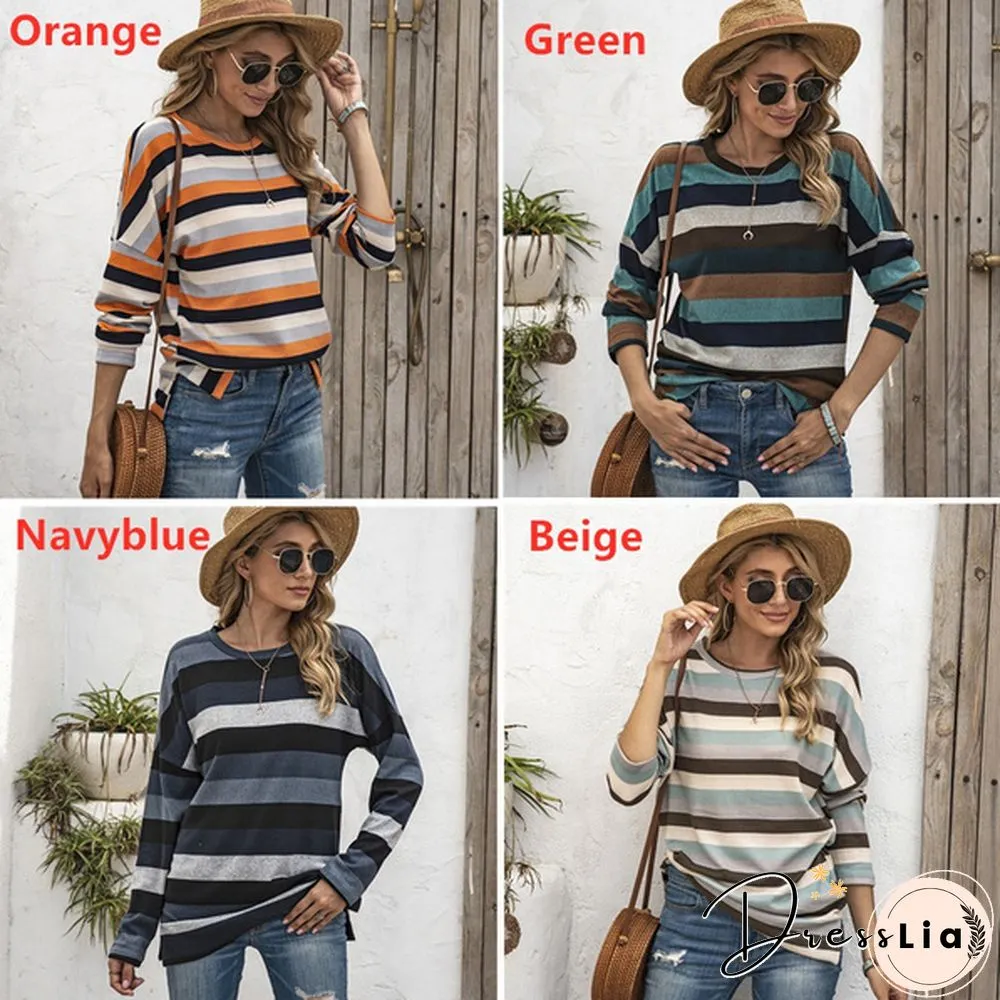 Basic Striped T-shirt Women Plus Size S-5XL Multi Colors Casual Cotton Stretchy Long Sleeve Tops Tee Spring Autumn