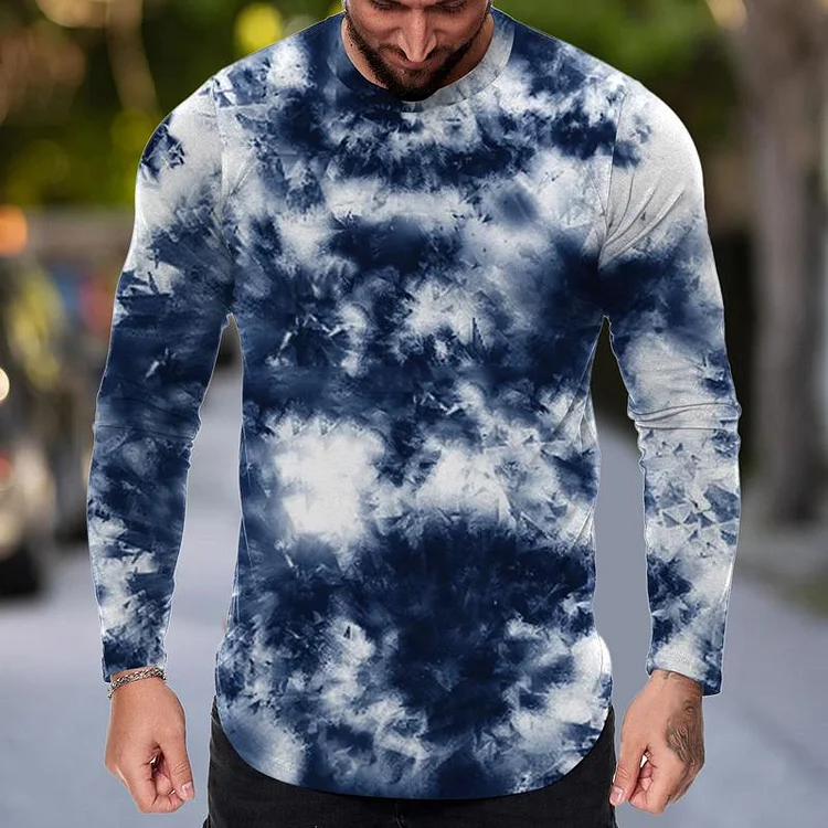 Men's Tie-dye Printed Round Neck Pullover Long-sleeved T-shirt