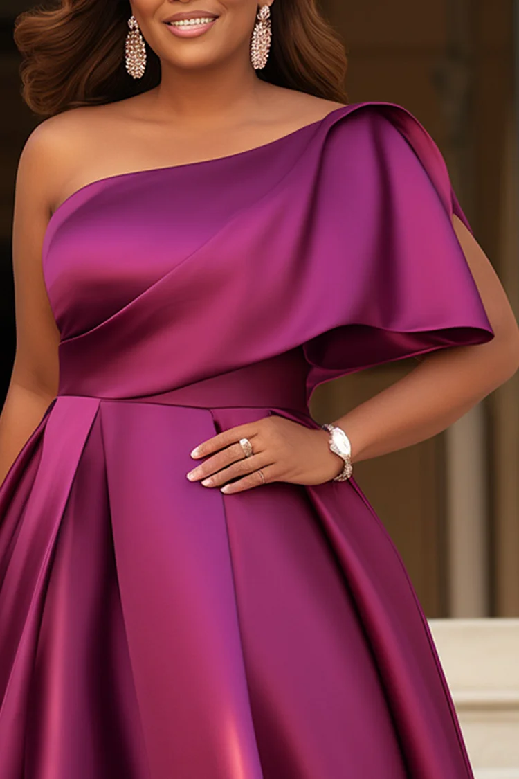 Xpluswear Design Plus Size Formal Purple Elegant Oblique Collar Satin Maxi Dresses