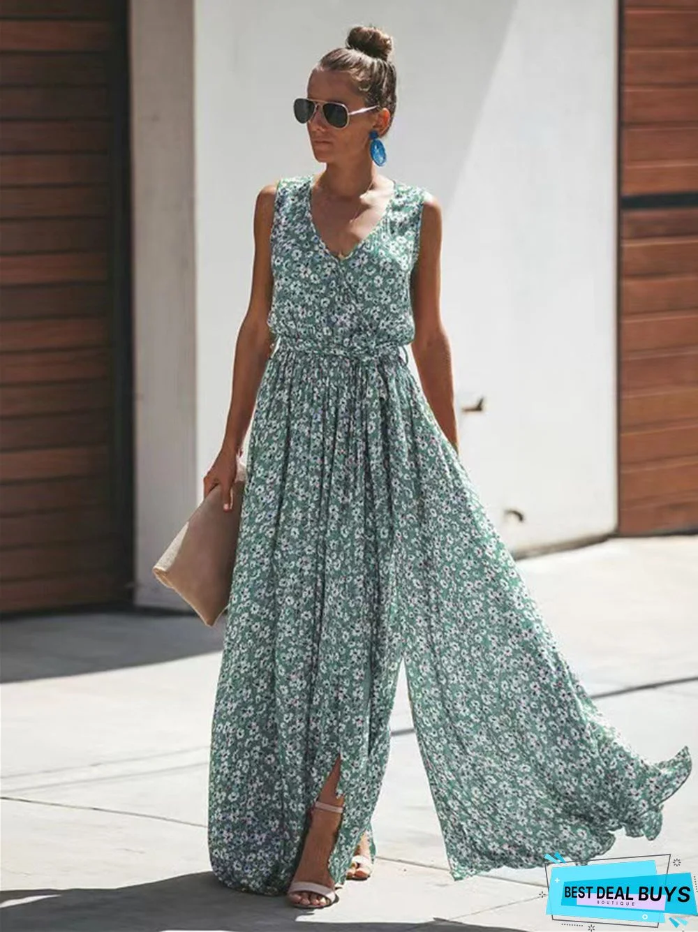 Printed Temperament Commuter Sleeveless Long Dress