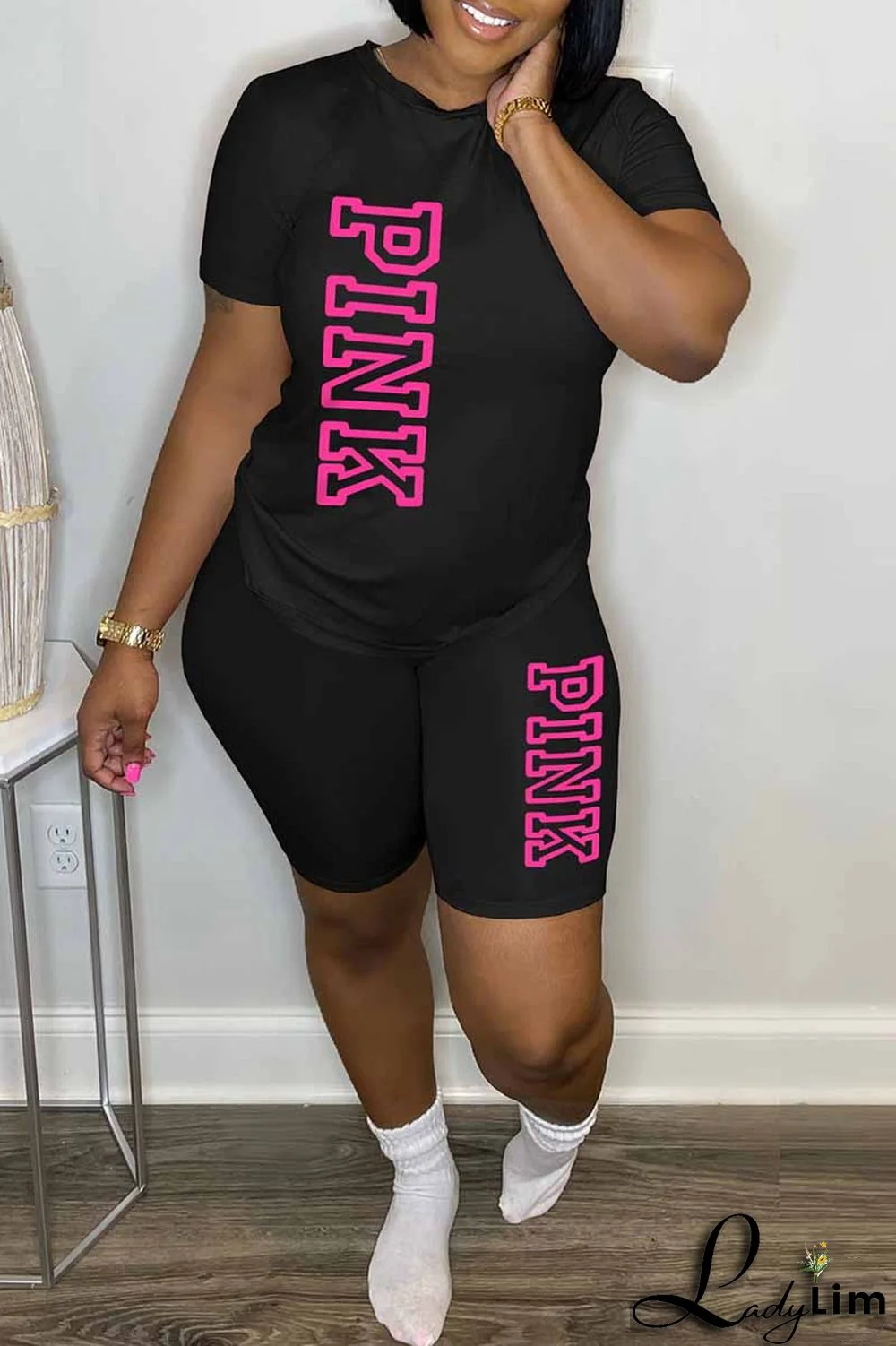 Blue Casual Print Letter O Neck Short Sleeve Two Pieces