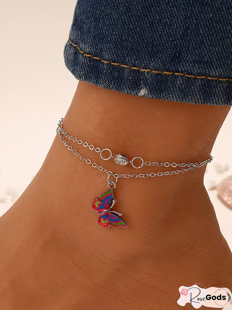 Boho Color Butterfly Diamond Layered Anklet