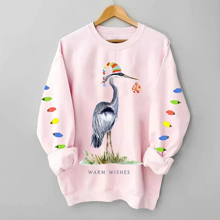 Comstylish Blue Heron Print Crew Neck Sweatshirt