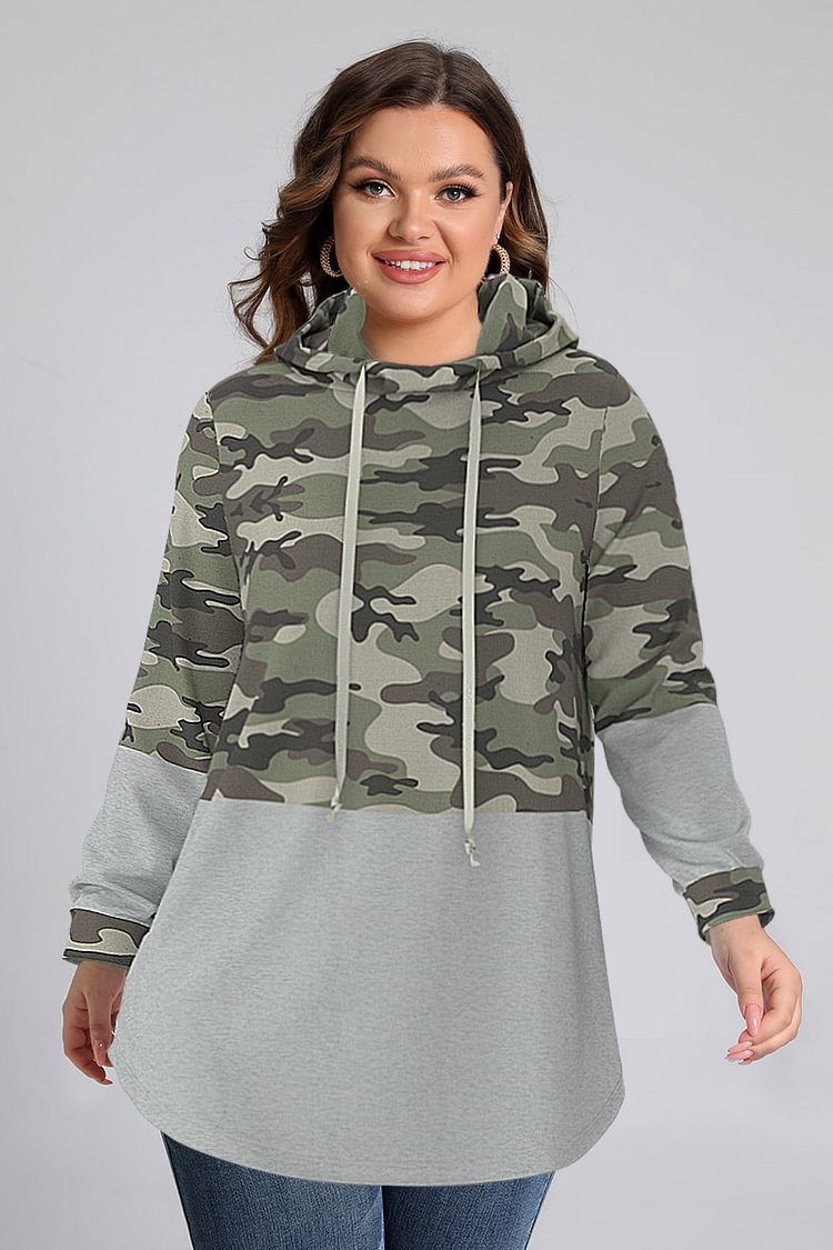 Flycurvy Plus Size Casual Grey Camouflage Stitching Hoodie  flycurvy [product_label]