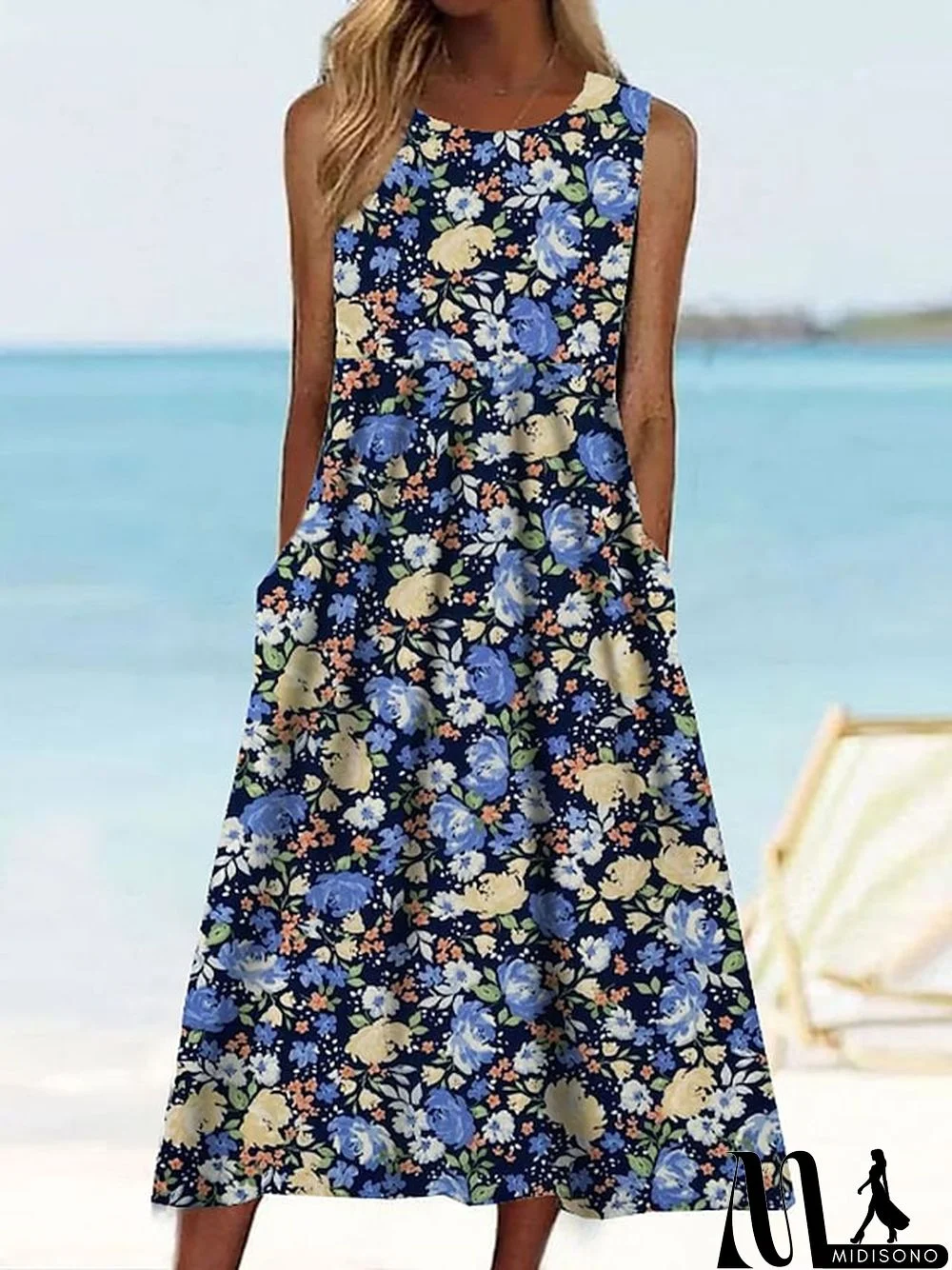 MidiSono - Women's Casual Dress Tank Dress Floral Dress Floral Pocket Print Crew Neck Midi Dress Fashion Modern Daily Holiday Sleeveless Regular Fit Blue Summer Spring S M L XL XXL