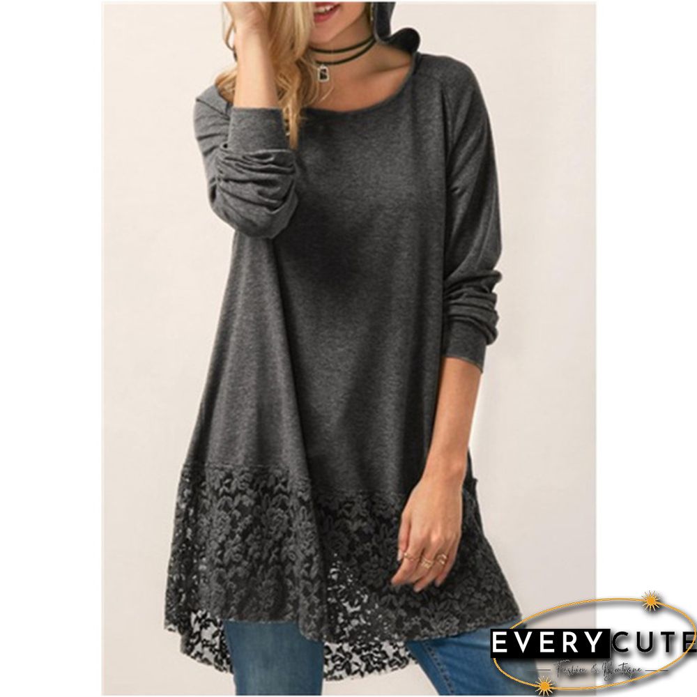 Women Fashion Solid Color Hoodies Long Sleeved T-shirt Autumn Lace Hooded Sweater Plus Size