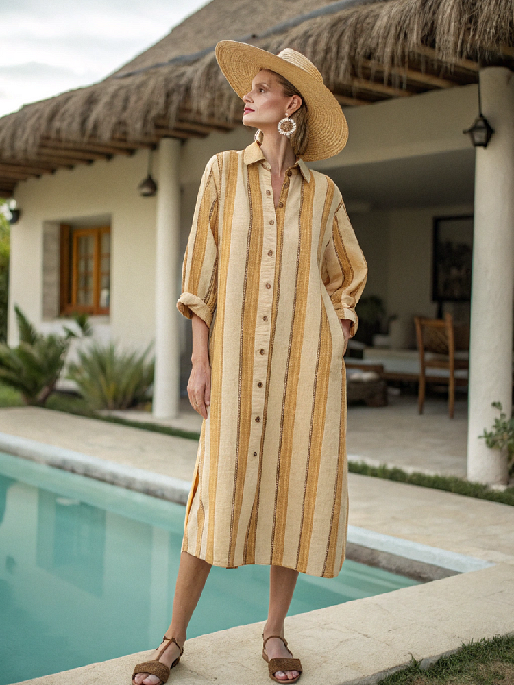 Cotton and linen women's resort shirt dress