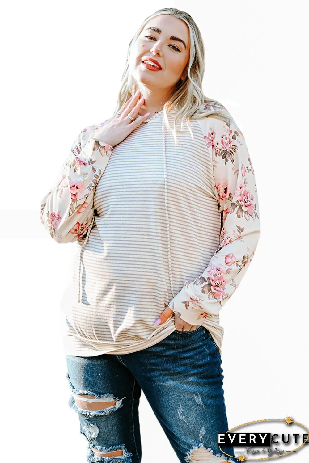 Plus Size Floral Raglan Sleeve Striped Hoodie