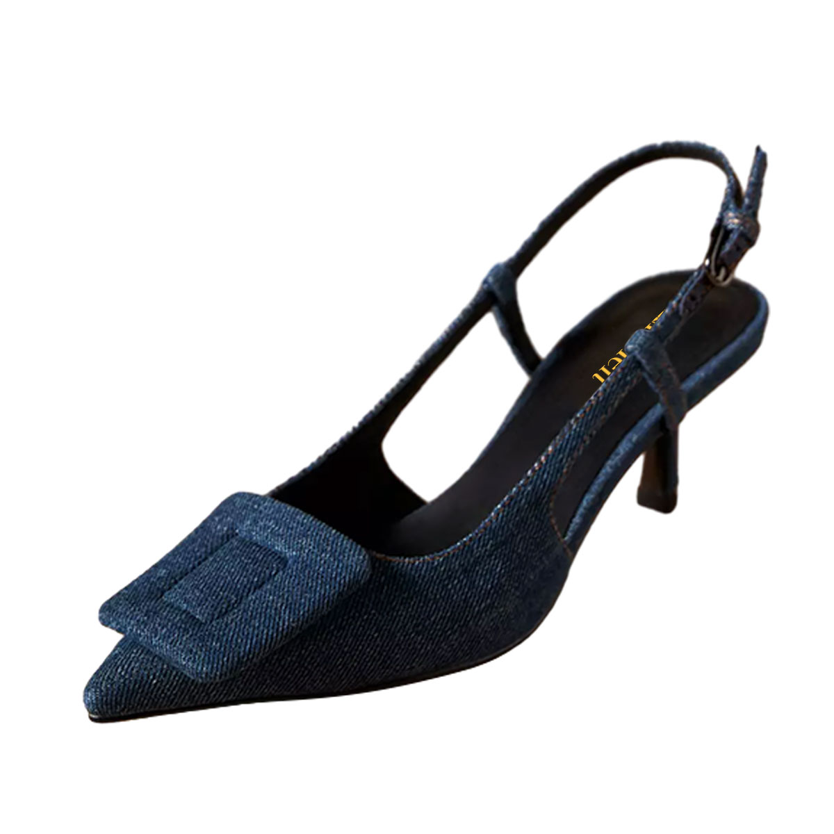 Blue Denim Pointed Toe Stiletto Heel Slingback Shoes with Buckle Nicepairs