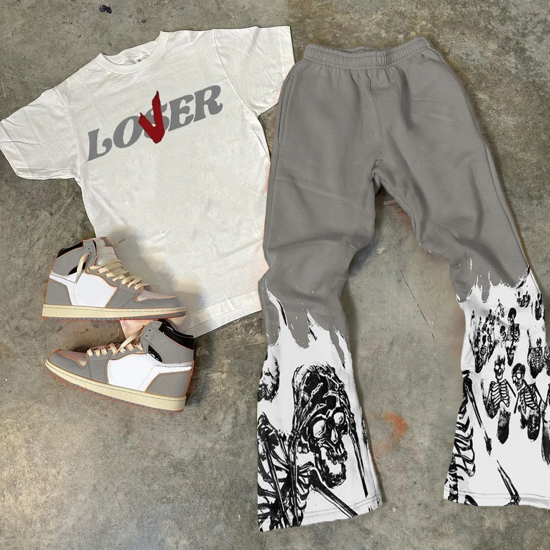 Skull & Letters Print T-Shirt Trousers Two-Piece Set