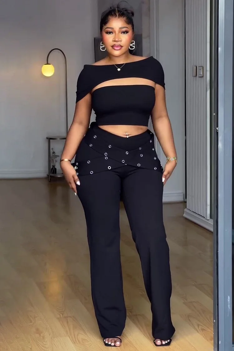 V Back Cap Sleeve Cutout Top Studded Strap Pants 2pcs Set-Black [Pre Order]