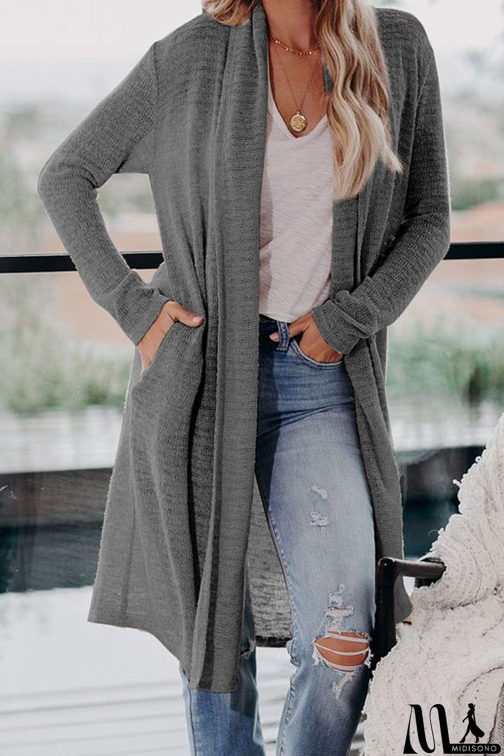 MidiSono - Slouchy Pocketed Knit Longline Cardigan