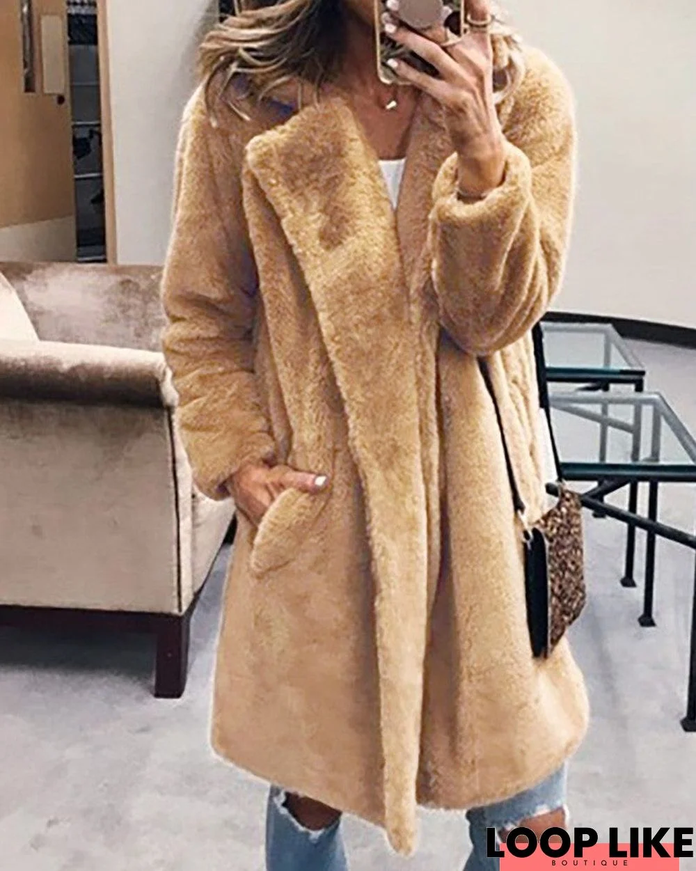 Pocket Design Long Sleeve Faux Fur Coat