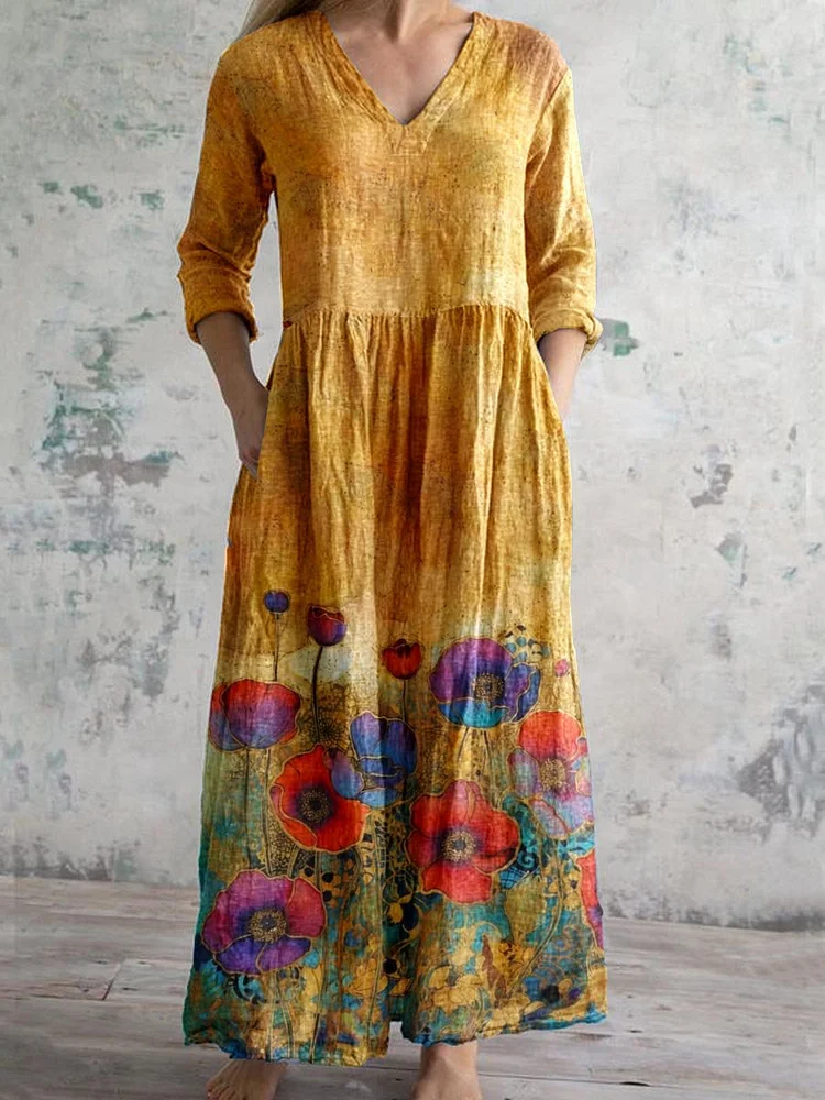 Comstylish Women's Poppy Floral V-neck Cotton And Linen Dress