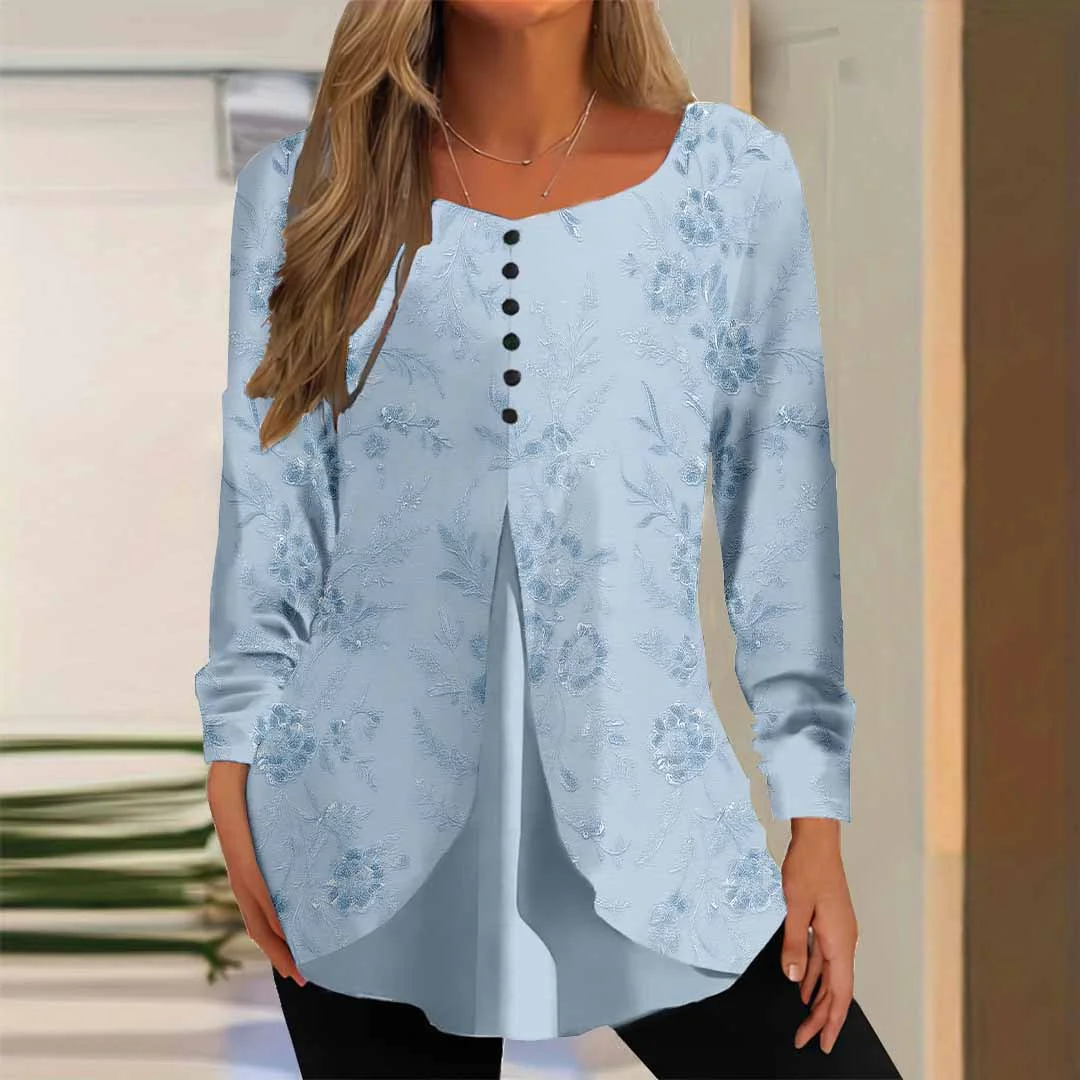 Women Floral,Blue DZGG8260 Long Sleeve Scoop Neck Printed Graphic Button Fake 2in1 Tops