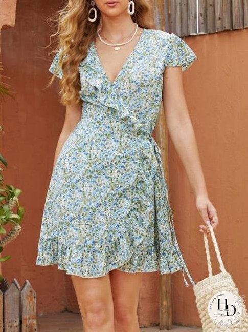 Deep V Neck Print Ruffle Dress for Women