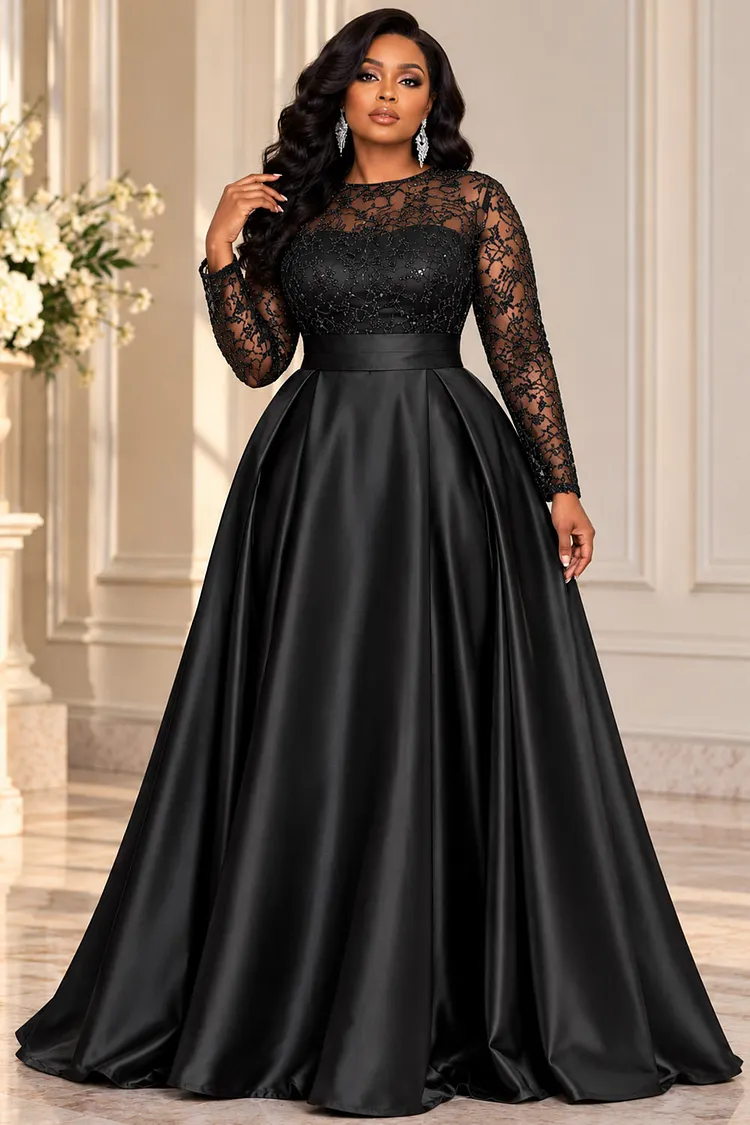 Xpluswear Design Plus Size Formal Satin Black Round Neck Long Sleeve Pleated Contrast Sequin Maxi Dresses [Pre-Order] 2024 - Xpluswear