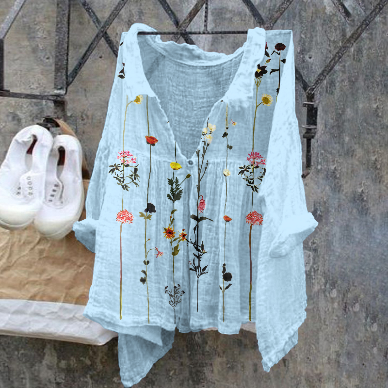 Floral Pattern Ladies Casual Floral Print Cotton Linen  Shirt artswardrobe