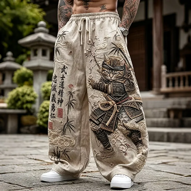 Men's Armored Samurai Cat Bamboo Sakura Print Casual Pants