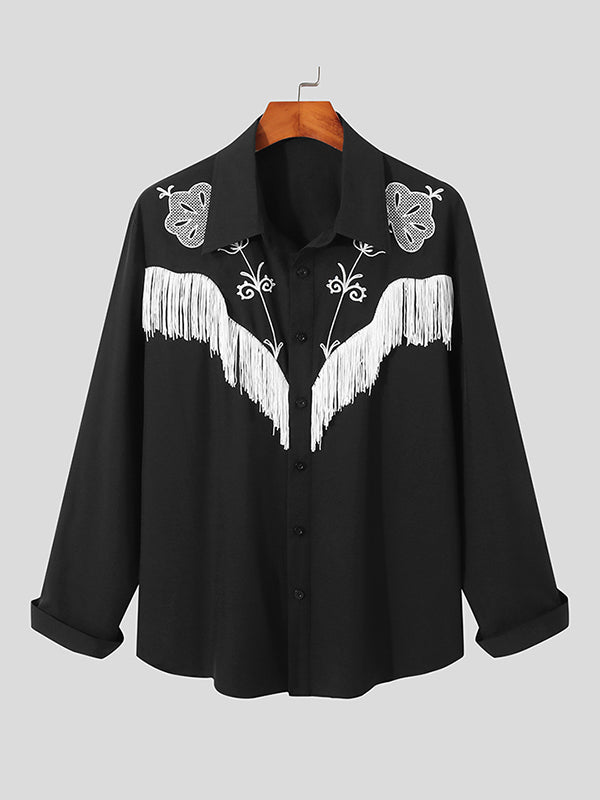 Aonga - Mens Tassels Embroidered Fringe Long Sleeve ShirtJ aonga
