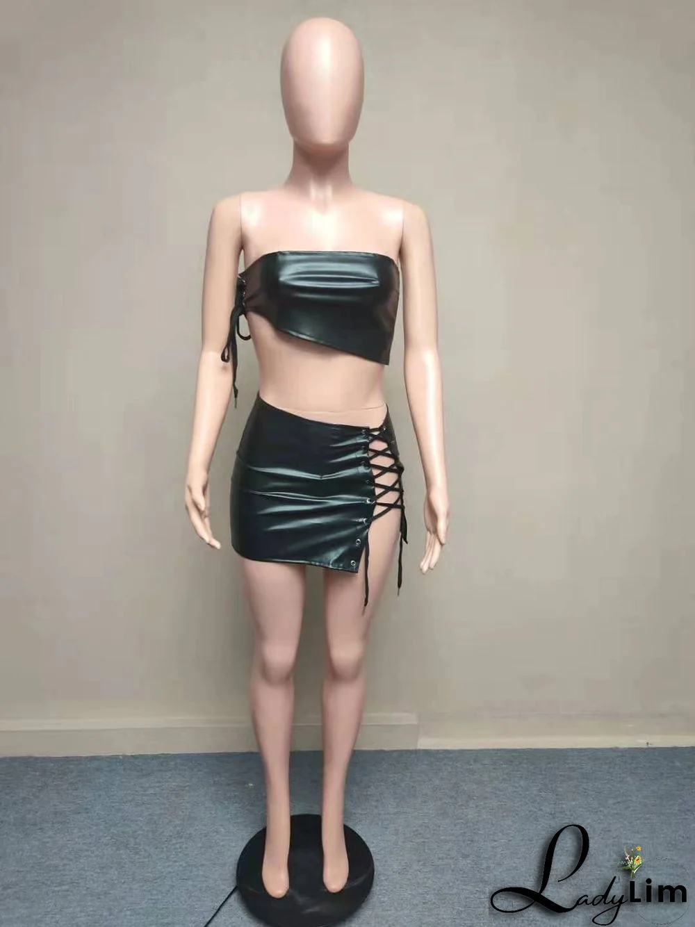 Womens Sexy Pu-Leather Strapless Top+ Lace-Up Mini dress Irregular Two Piece