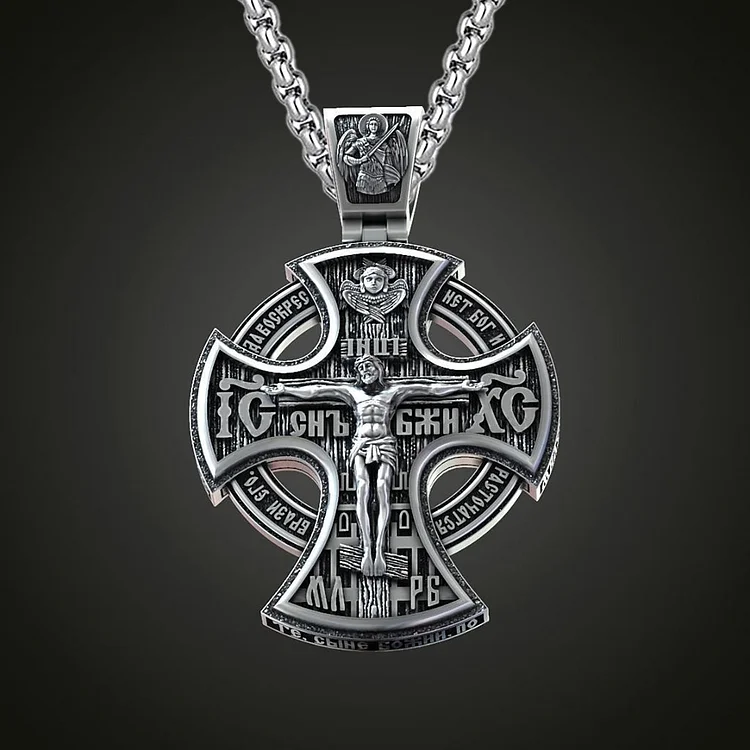 Michael Archangel and Crucifixion Front and Back Engraved 925K Sterling Silver Pendant Necklace