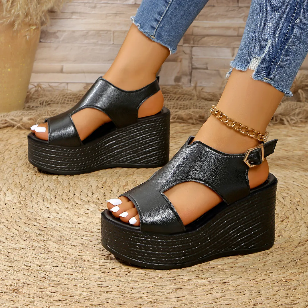 Breakj Breakj Sandals Women's Large Code 2025 Summer New Sloped Sandals High Heel Waterproof Table Buckle Women's Shoes