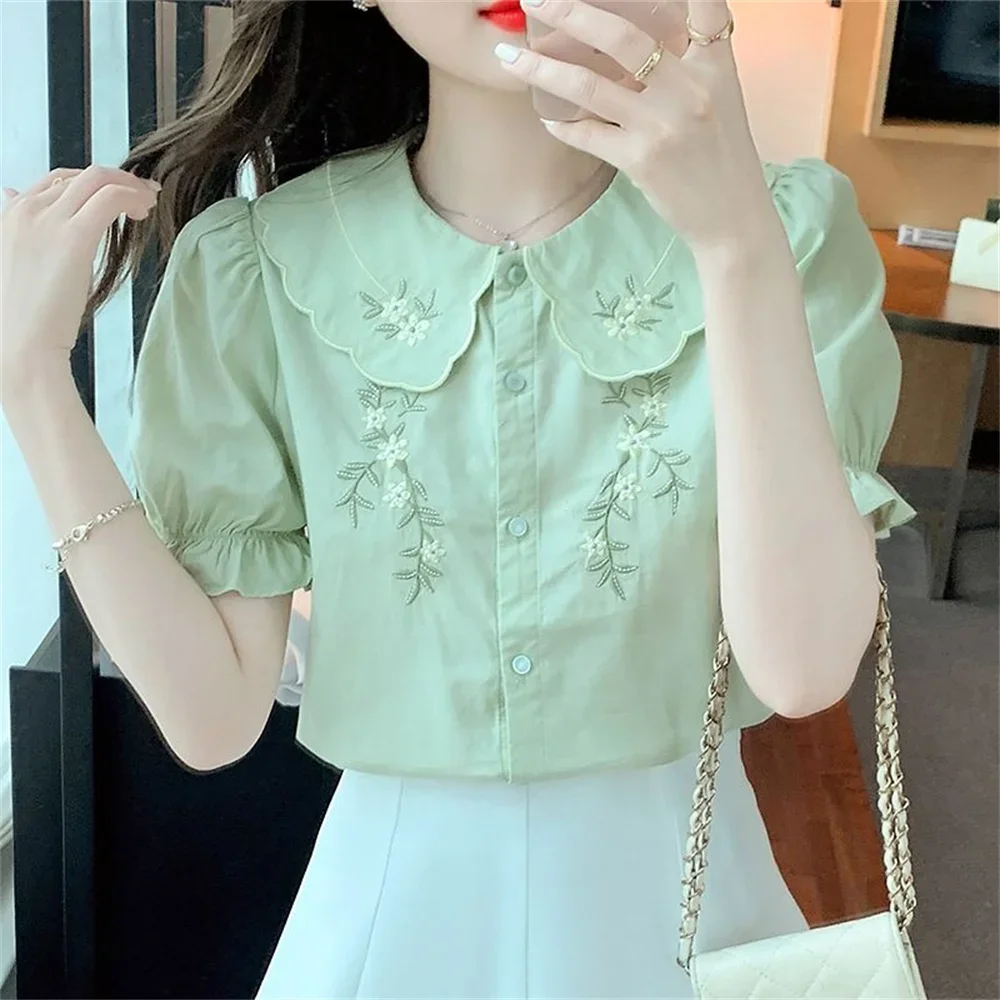 Ballifyex 2025 Korean New Casual Tops Loose Office Lady Blouse Sweet Peter Pan Collar Ruffle Embroidery Cotton Shirt Women Summer Clothes