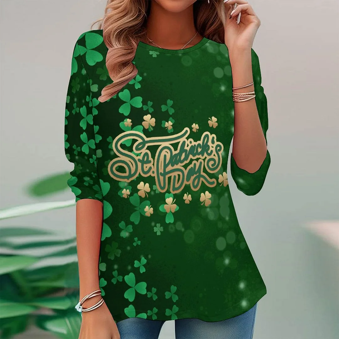 Full Printed Long Sleeve Plus Size Tunic for  Women Pattern Happy St Patrick S Day,Green