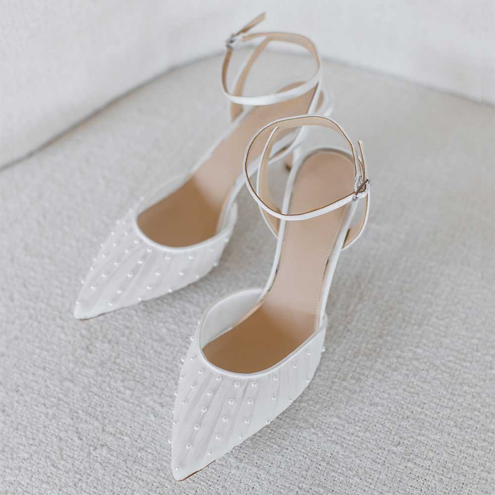 White Mesh Pointed Toe Pearl Embellished Satin Strap Heel Pumps    Nicepairs