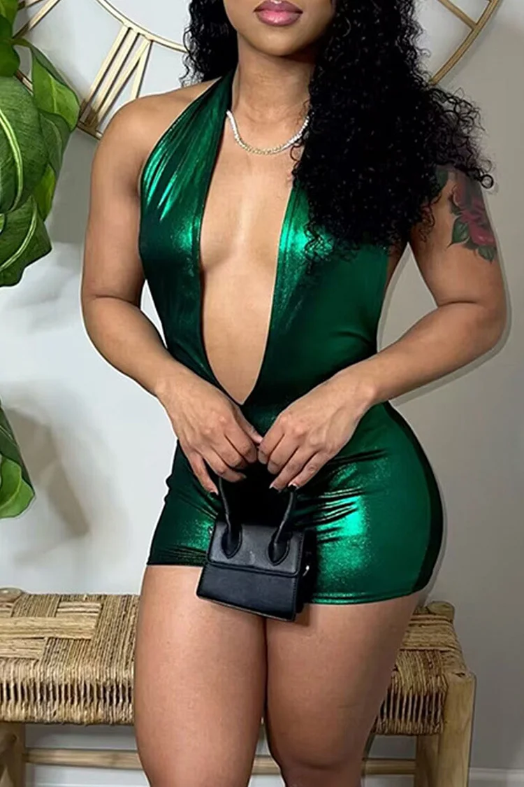 Green Sexy Solid Patchwork Backless Halter Skinny Jumpsuits