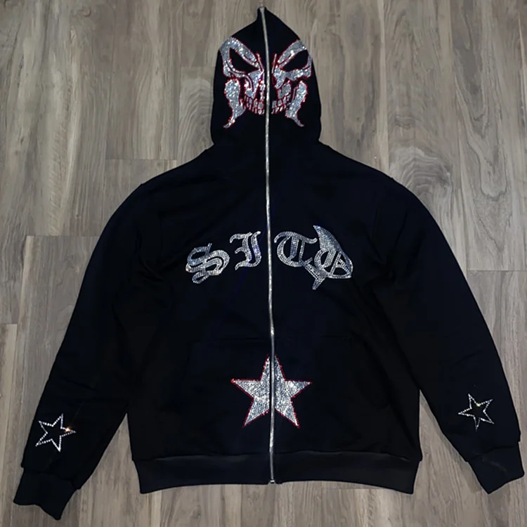 Street Goth Hip Hop Style Hoodie Full Zipper Rhinestones Star Butterfly Sweatshirt at Hiphopee