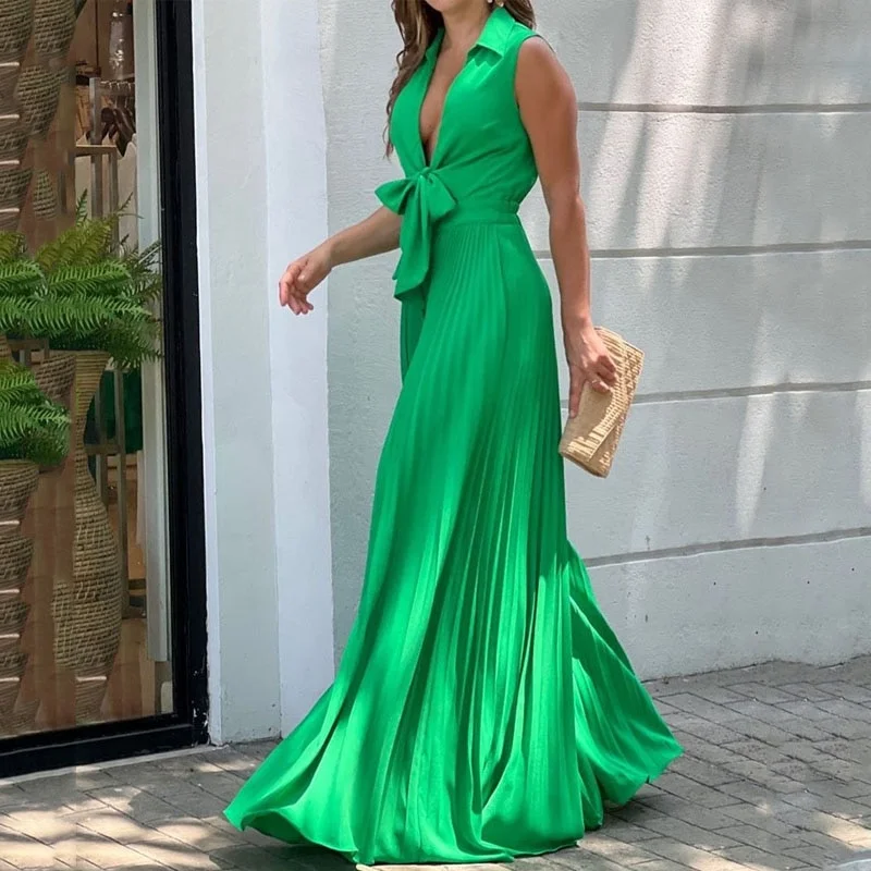 Women Jumpsuit Summer Fashion V Neck Sleeveless Lapel Solid Pleated Lace Up Loose Wide Legs Romper High Streetwear