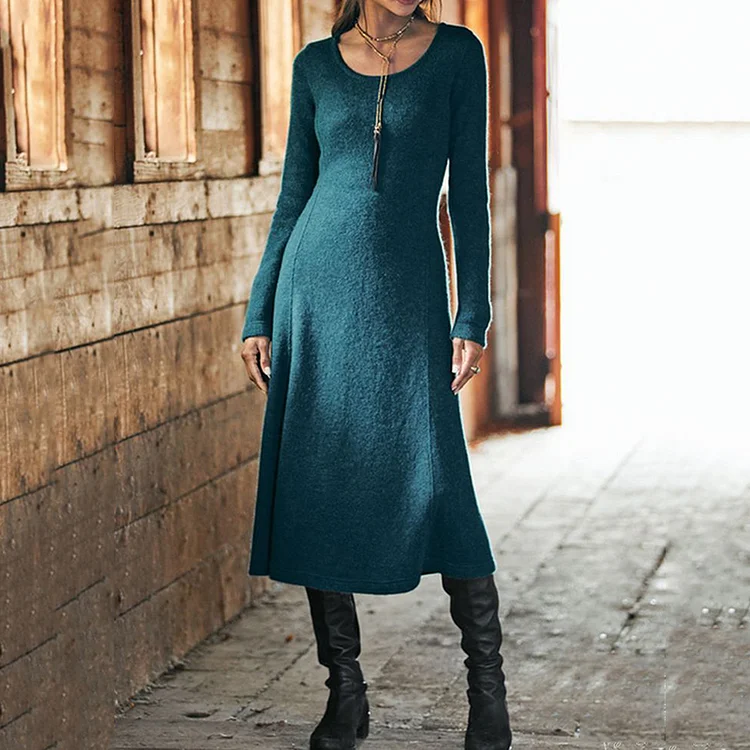 Utbros Retro Solid Color Crew Neck Wool Knit Midi Dress