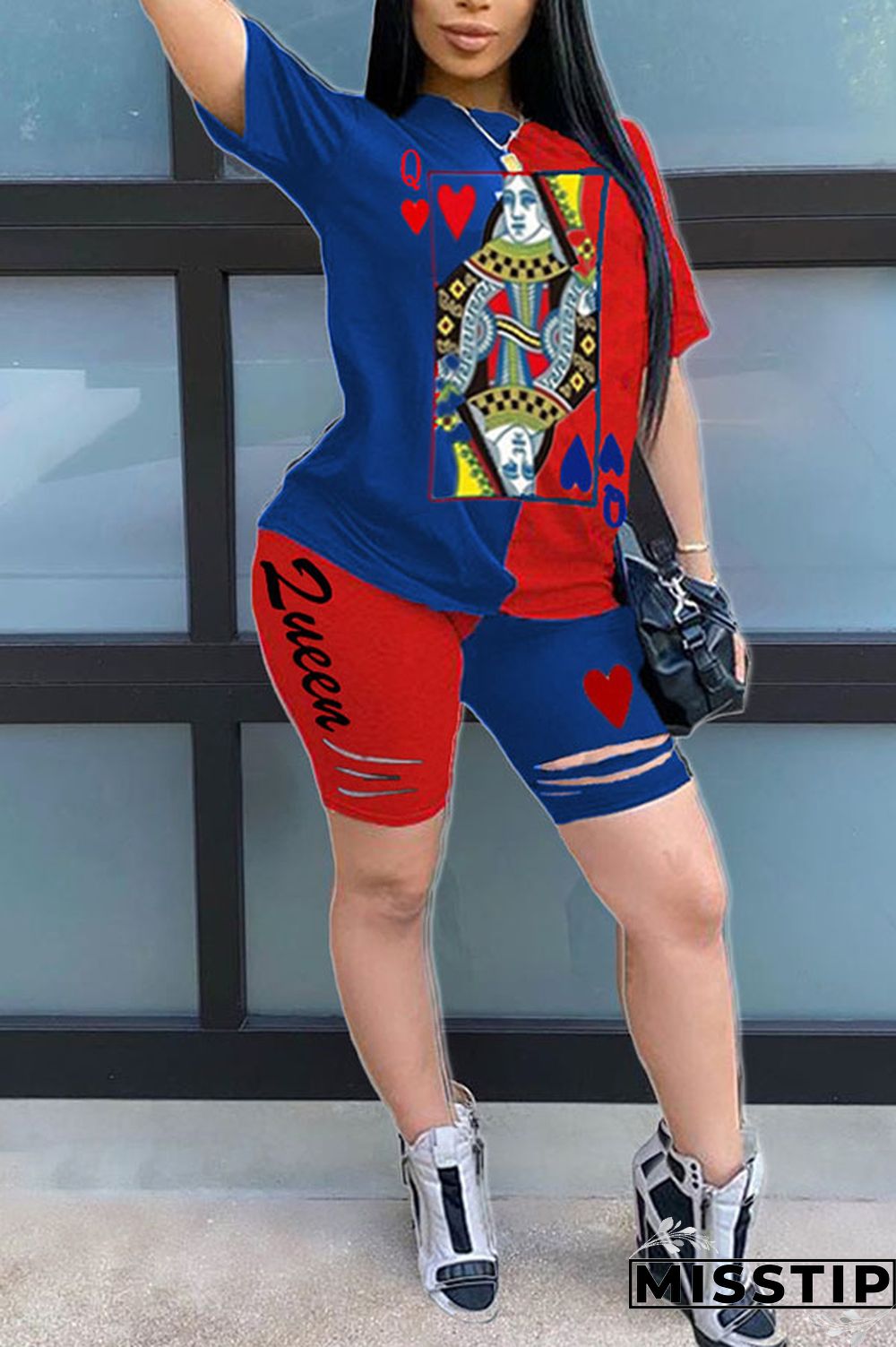 Blue venetian Fashion Casual Patchwork Print Two Piece Suits pencil Short Sleeve Two Pieces