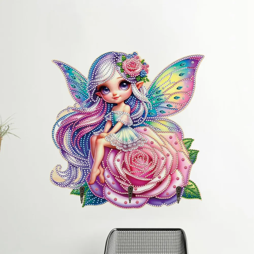 Wooden Elf Girl DIY Diamond Art Craft Wall Hooks A Row of 3 Hooks for Beginners