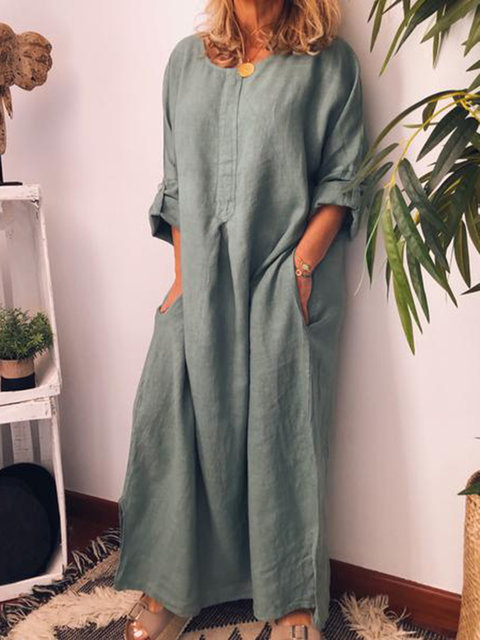 Cotton And Linen Solid Color Loose Kaftan Maxidress