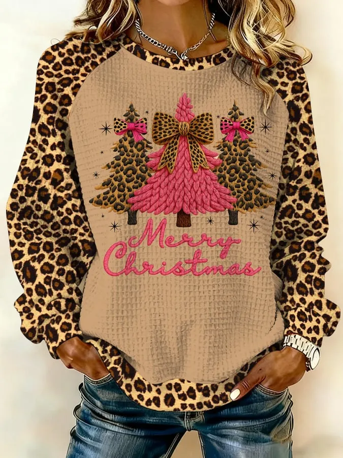 Women's Retro Christmas Art Print Waffle Sweatshirt 