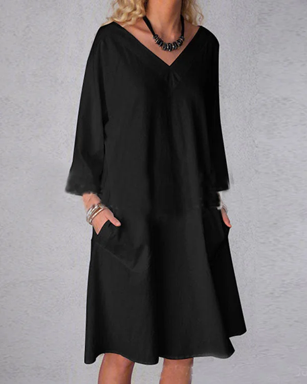 Plus Size 3/4 Sleeve Solid Pocket Casual V Neck Linen Dresses-nanadresses