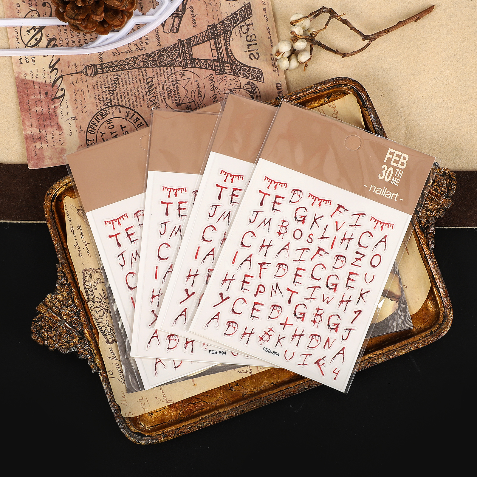 PET 스티커 - 2개/세트 빈티지 호러 레터스 데빌 호박 네일 패치