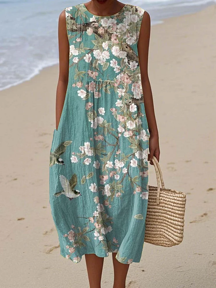 Women's Vintage Floral Birds Art Print Sleeveless Cotton Pocket Wrap Dress