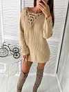 V-Neck Solid Color Drawstring Casual Mini Dress