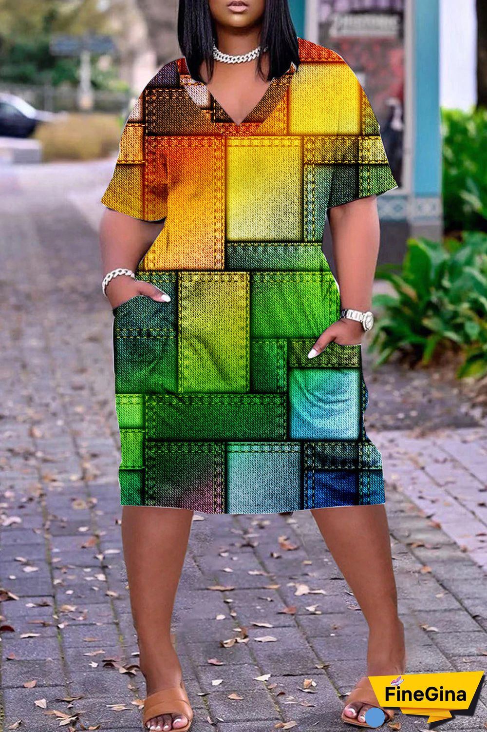 Black Casual Print Patchwork V Neck Short Sleeve Dress