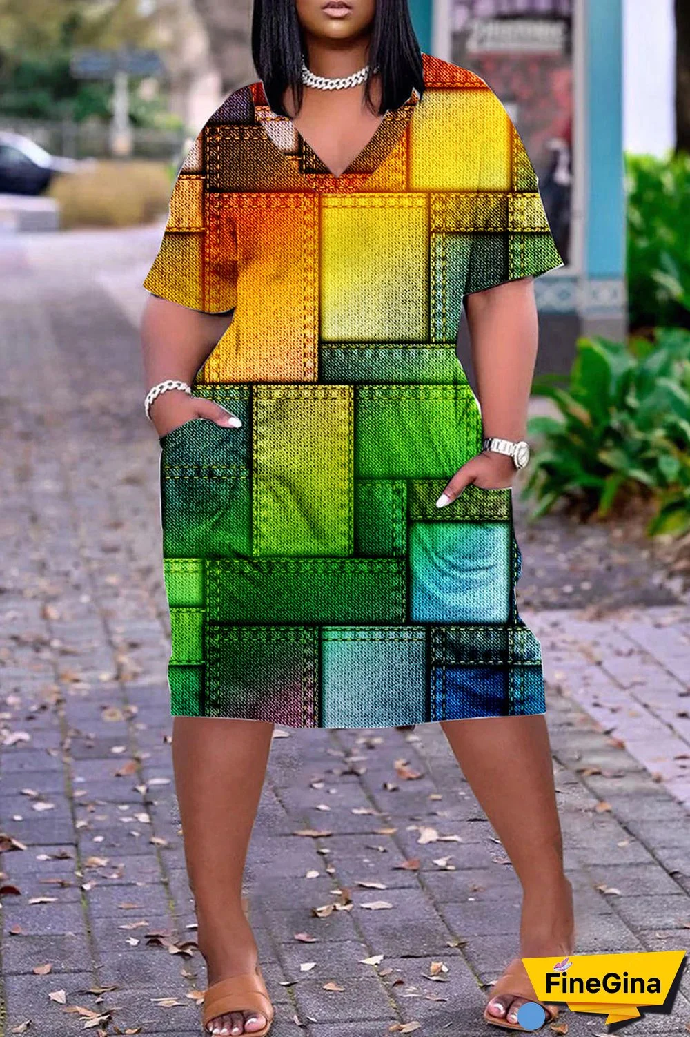 Black Casual Print Patchwork V Neck Short Sleeve Dress