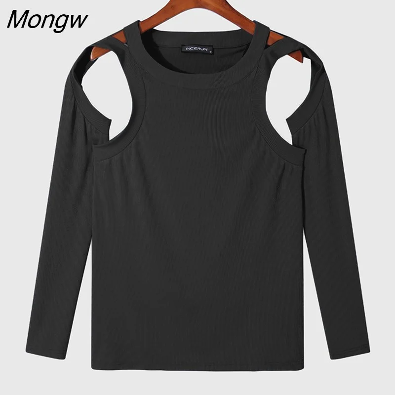 Mongw Fashion Men T Shirt O-neck Long Sleeve Hollow Out 2023 Casual Men Clothing Solid Color Streetwear Sexy Camisatas S-5XL