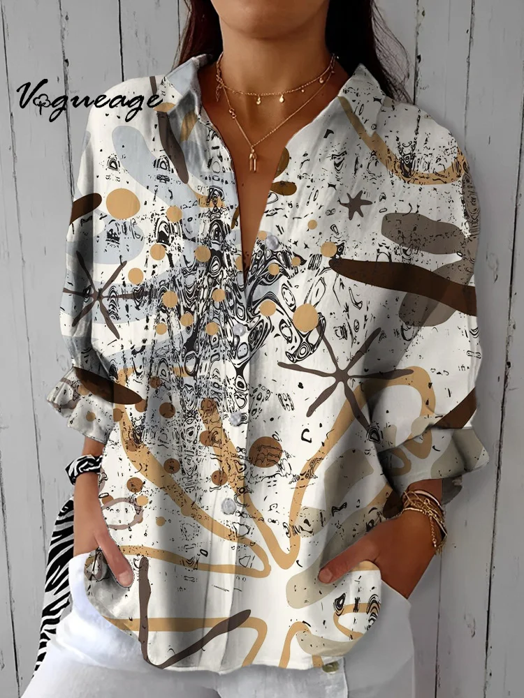 Simple Elegant And Creative Pattern Printed Cotton And Linen Shirt