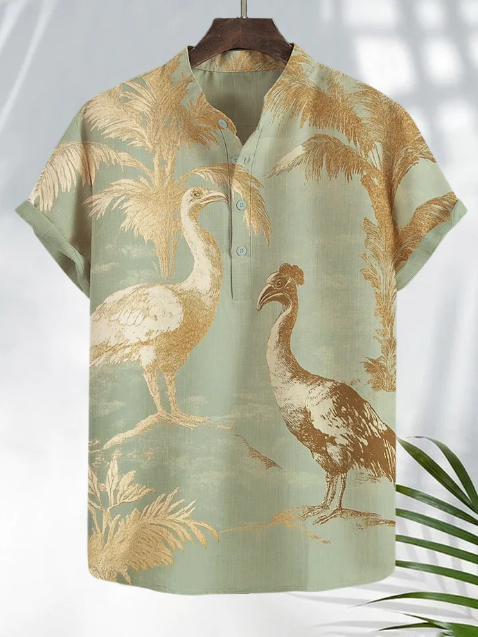 Men's Hawaii Bird Hot Stamping Print Half Button Shirt