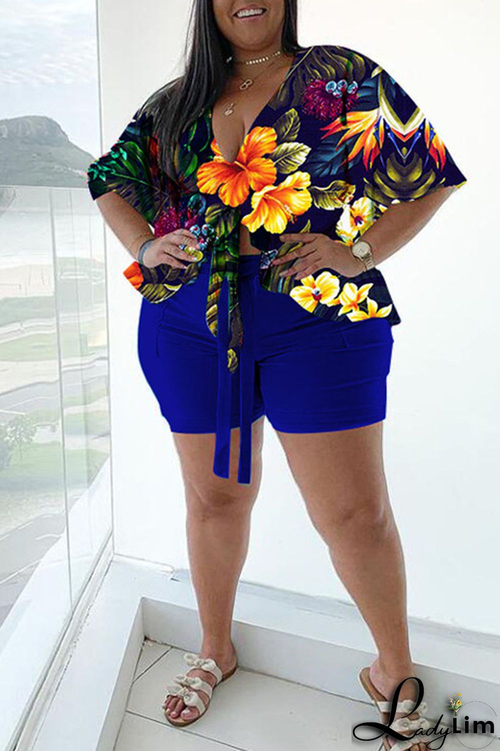 Green Casual Print Bandage Split Joint V Neck Plus Size Two Pieces