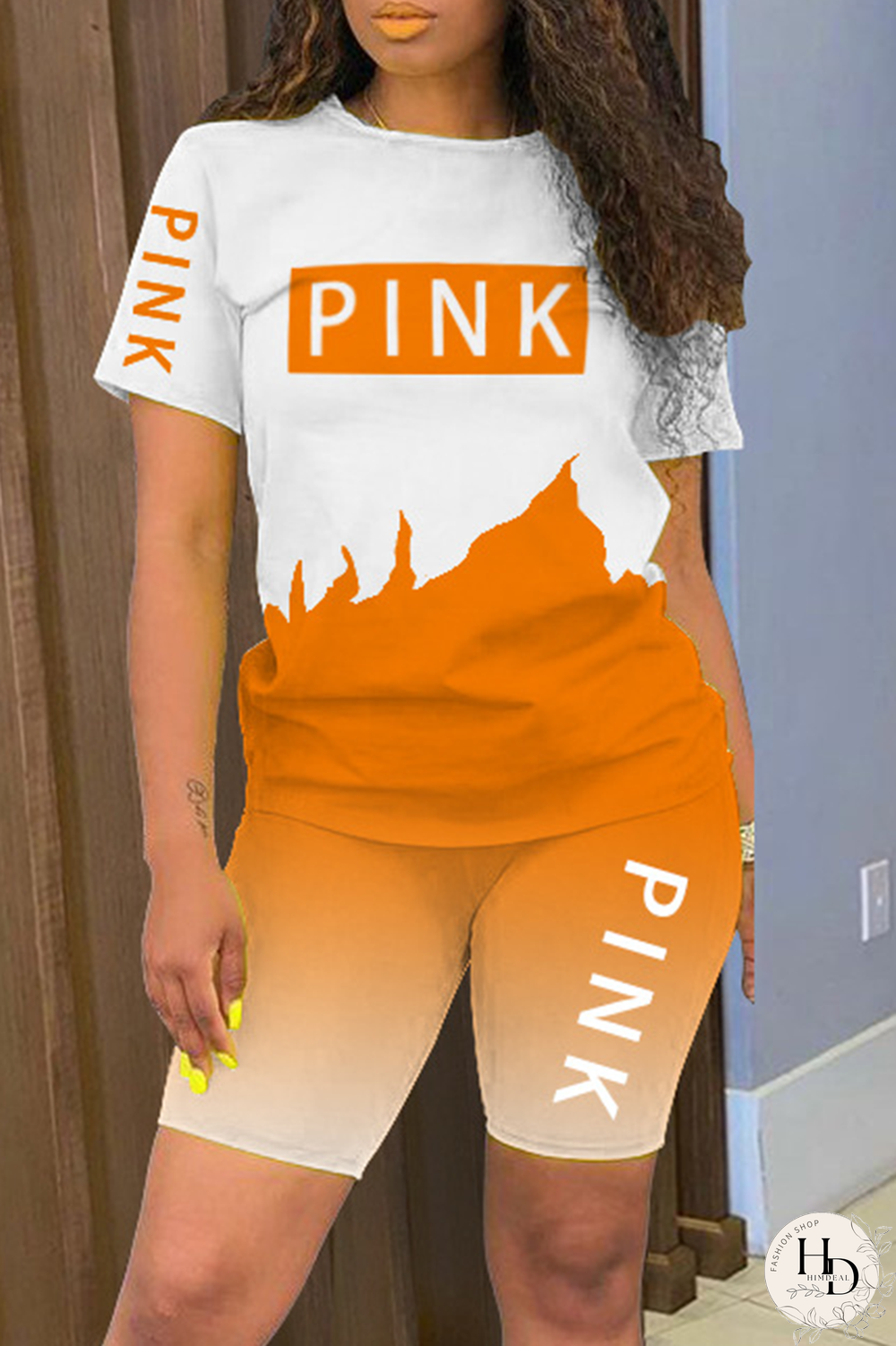 Tangerine Red Street Print Letter O Neck Short Sleeve Two Pieces