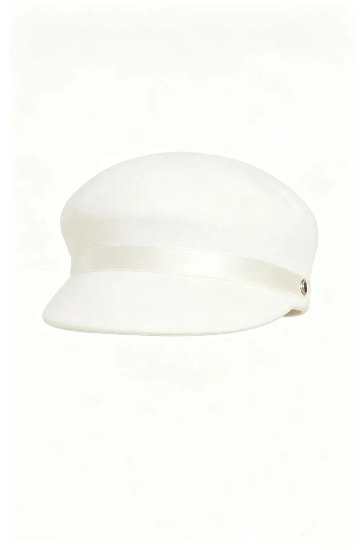 Minimalist white wool-blend flat-top sailor cap with a short brim.